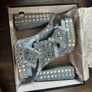 Crystal-Studded Denim Platform Heels